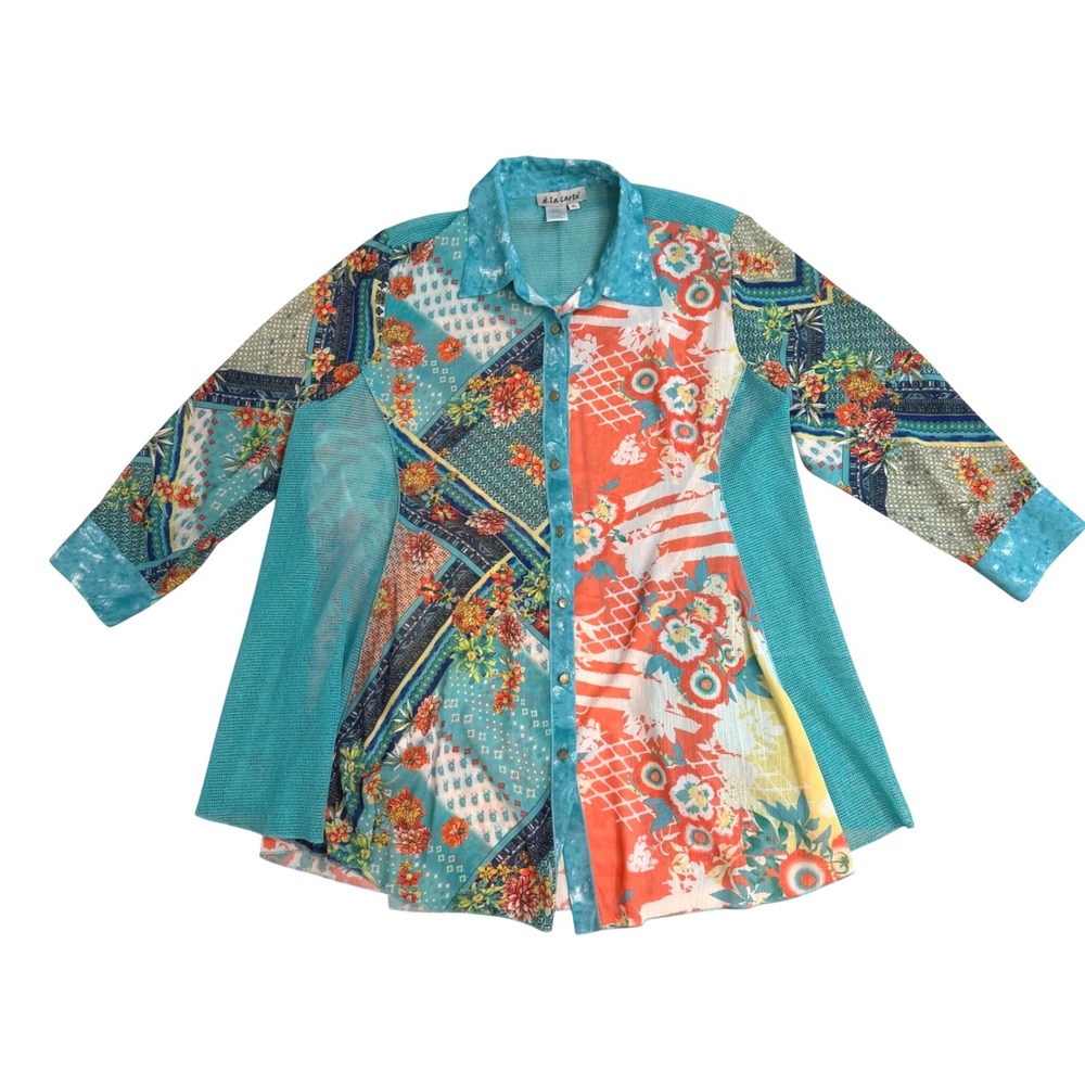 A la Carte Mixed Media Patchwork Floral Boho Mesh Tunic Shirt XL Blue Orange